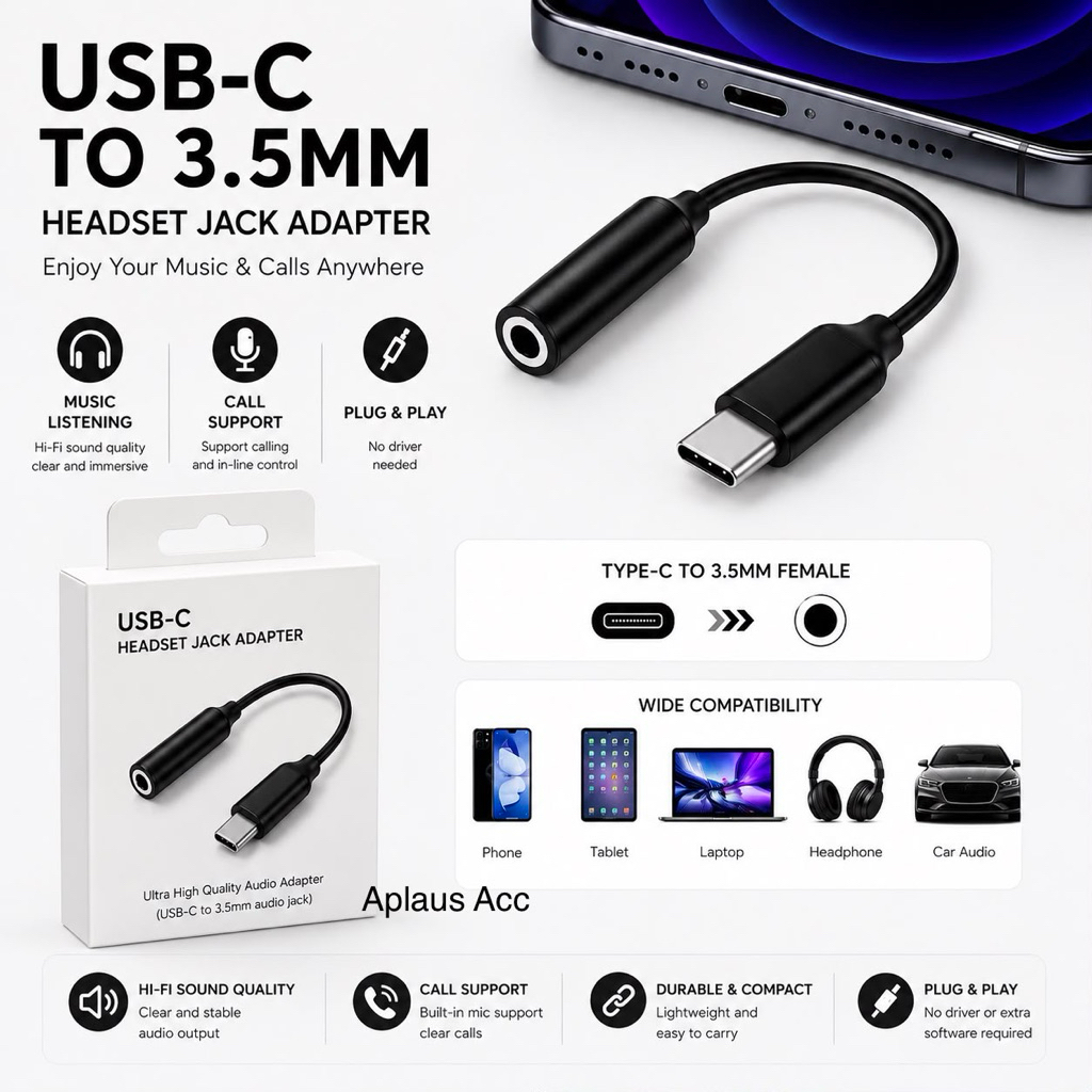 (GROSIRAN) Adaptor Converter Headset Type C To Aux 3.5mm Female Jack Audio Adapter Splitter Handsfree Call & Music