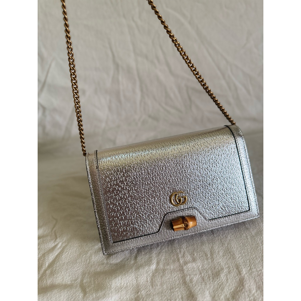 TAS GUCCII* DIANA BAMBOO WALLET ON CHAIN SILVER PRELOVED BAG BRANDED