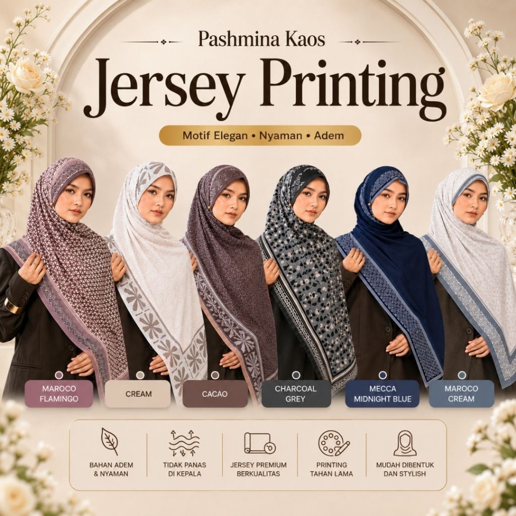 Hijab Pashmina Ethnic Kaos Jersey Motif Printing Premium Ukuran 170 × 75 cm | Kemasan Pouch Zipper L