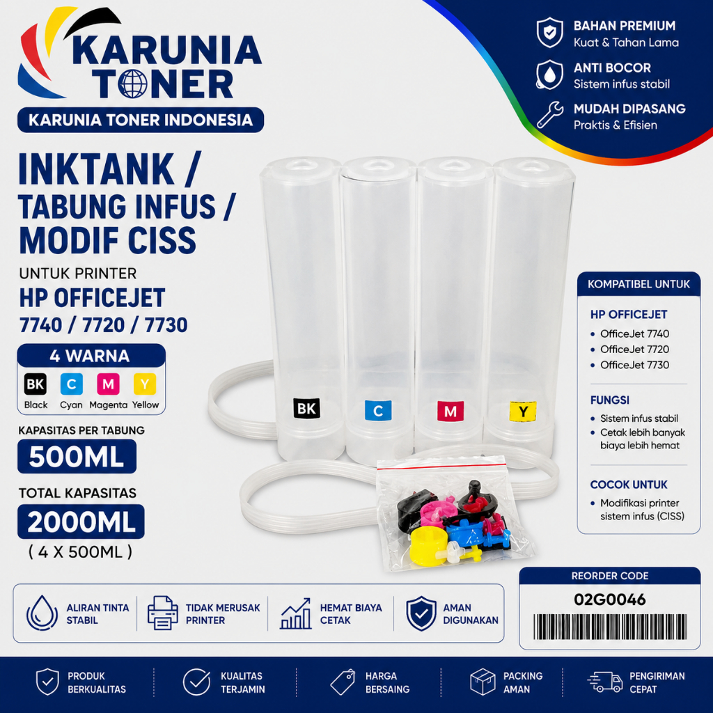 Inktank Infus Modif CISS 4 Warna Untuk HP OfficeJet 7740 7720 7730, 2000ML