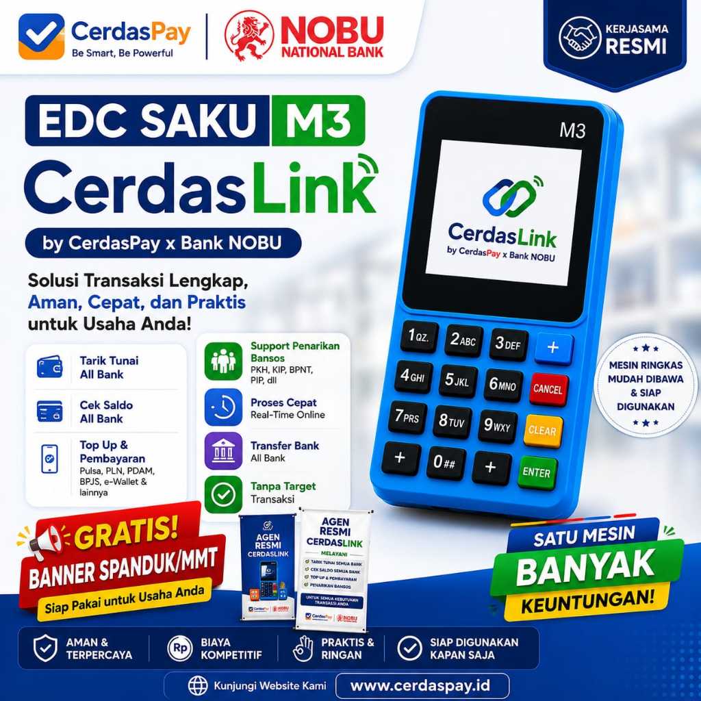 EDC Saku M3 CerdasLink by CerdasPay x Bank NOBU | Mini ATM Tarik Tunai Transfer Bank Bansos PKH KIP 