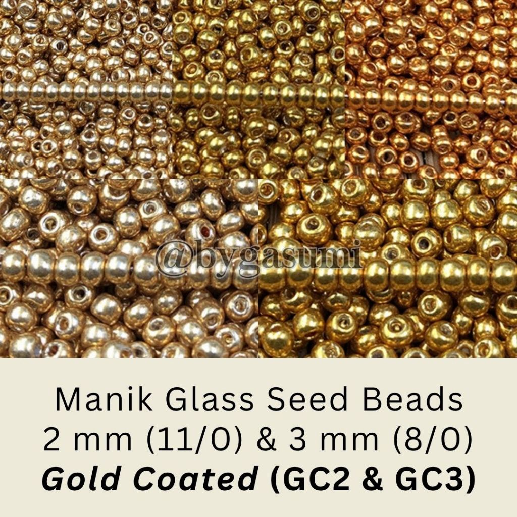 (GC) Manik Emas Premium 2 mm (11/0) 3 mm (8/0) Gold Coated Glass Seed Beads Manik Pasir Kualitas Sup