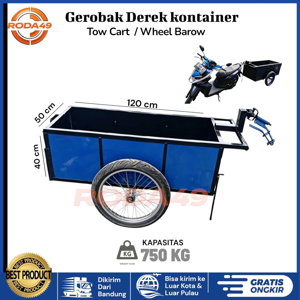 TOW CART / Gerobak Derek motor / Gerobak motor / kapasitas 750 kg / ukuran 120x50x40 cm