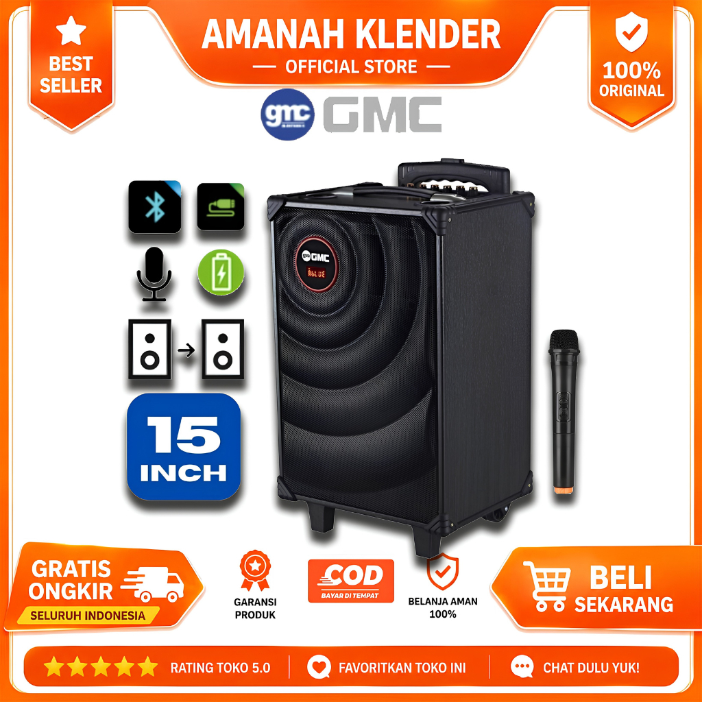 Speaker GMC 883N 15 Inch Portable Bluetooth + Mic Wireless 1 Pcs