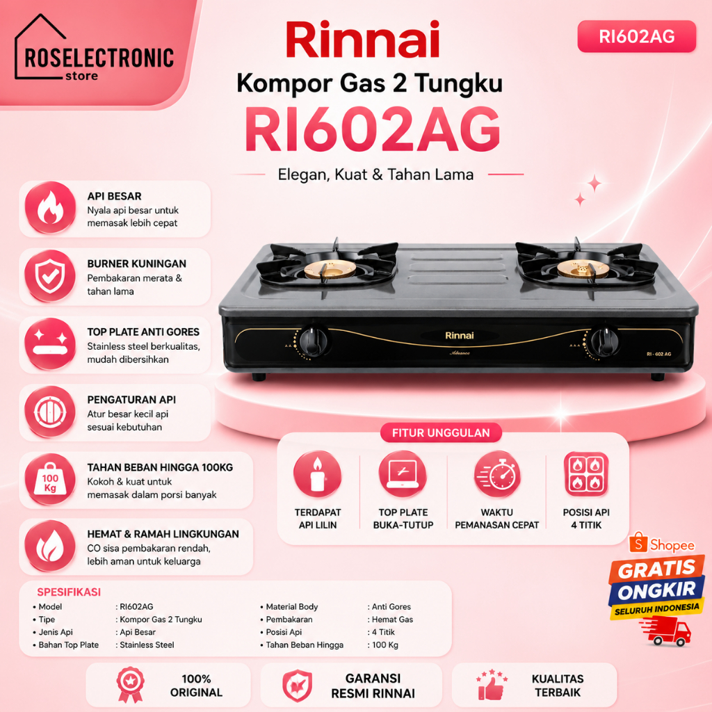 KOMPOR GAS RINNAI 2 TUNGKU RI-602AG/RI602AG/RI602 AG/RI602AG/RI-602 AG/ORIGINAL RINNAI/GARANSI RESMI