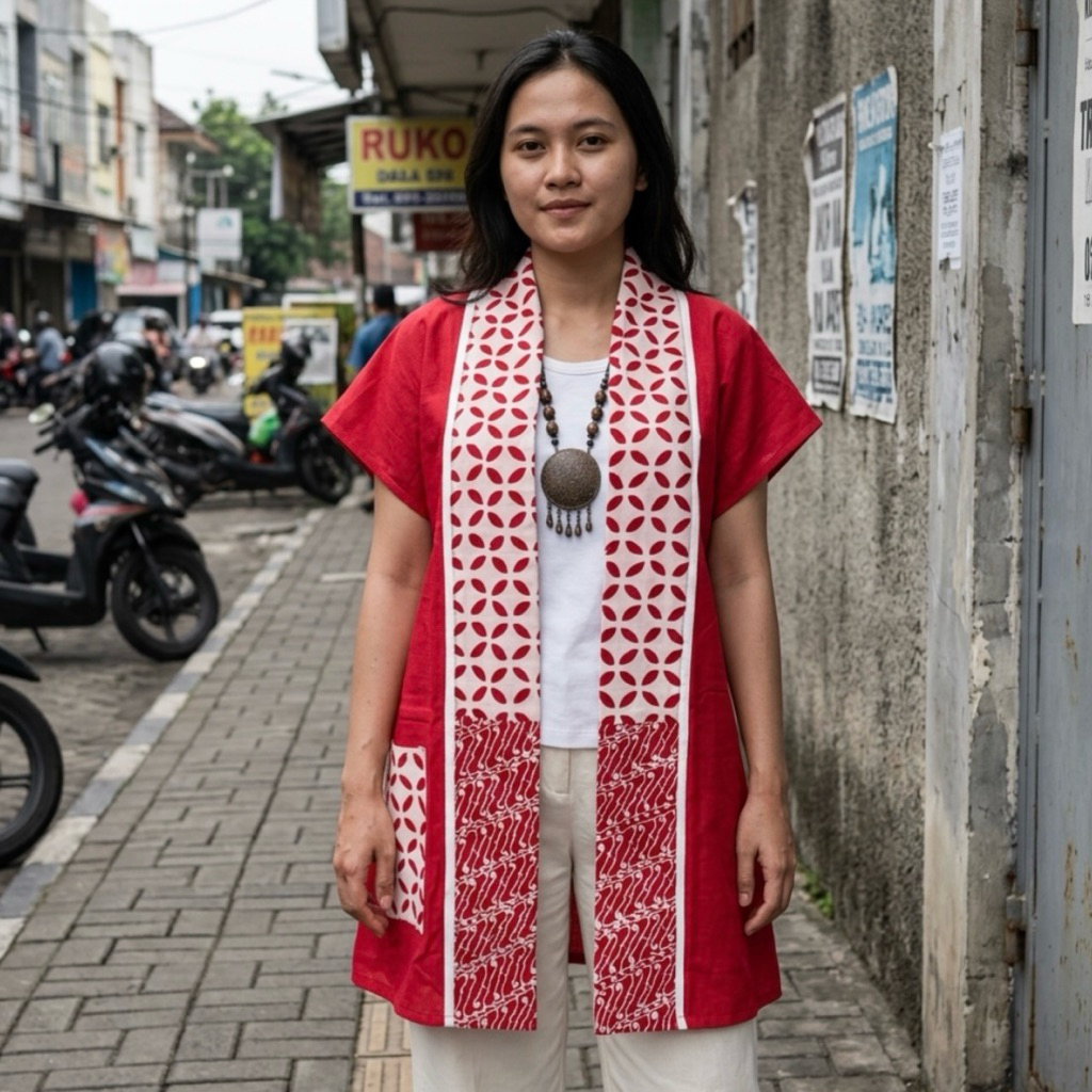 Outer Vest Cardi Rompi Batik Wanita Kerja Modern Merah Putih