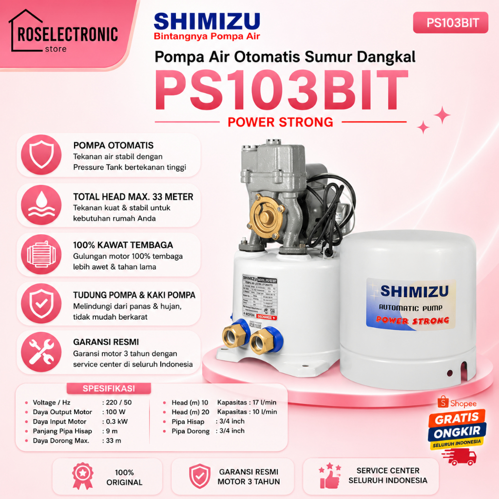 SHIMIZU POMPA AIR OTOMATIS PS103BIT/PS-103BIT/PS 103BIT/PS 103 BIT/PS-103-BIT/SHIMIZU POMPA AIR ORI