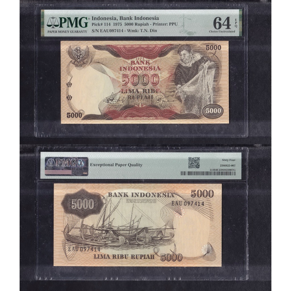Uang kuno PMG 64 EPQ - 5000 rupiah  tahun 1975 'Nelayan Penjala Ikan