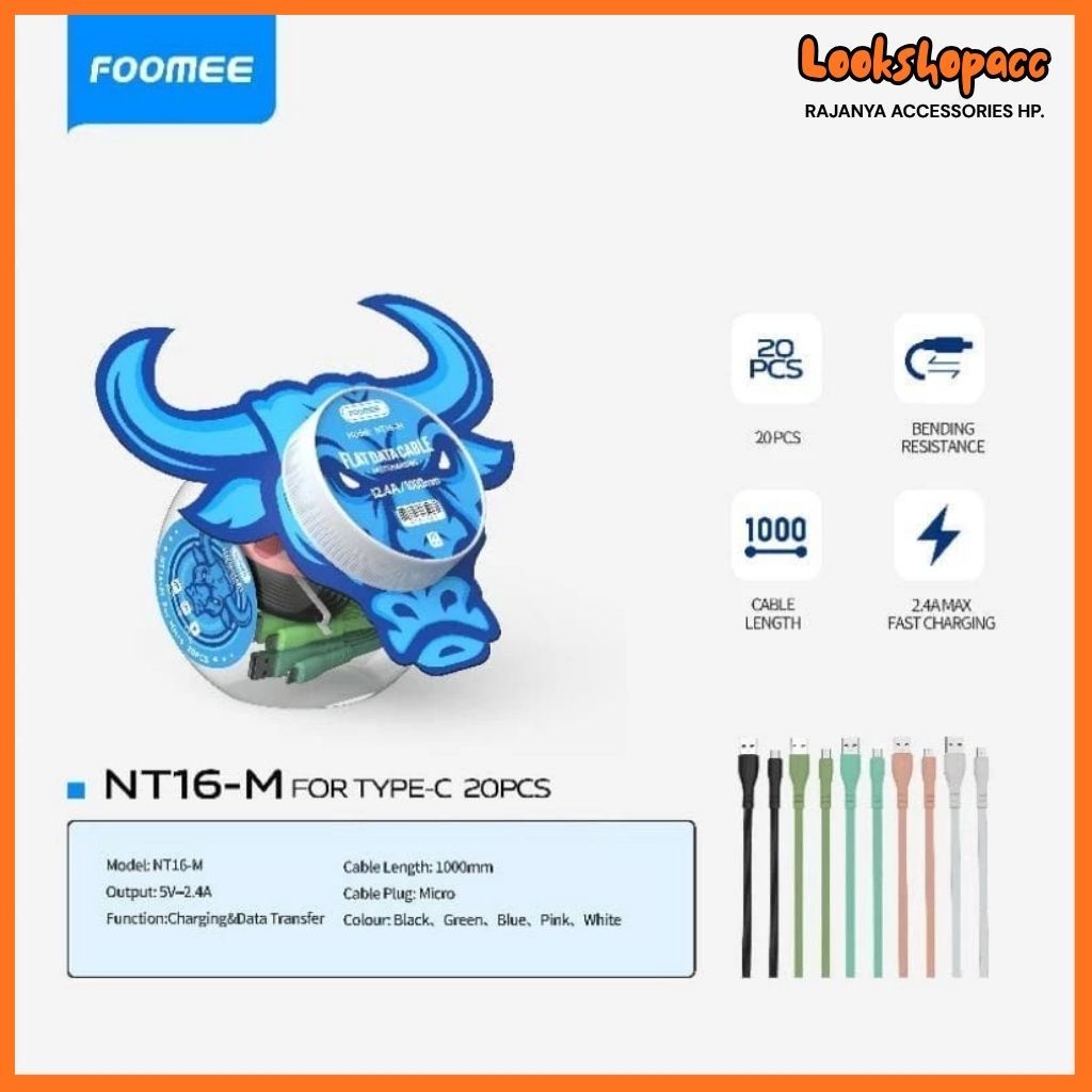 FOOMEE NT16 KABEL DATA MICRO/TYPE C/LIGHTNING (1 TOPLES ISI 20 PCS) 1M FAST CHARGER ORIGINAL FOOMEE