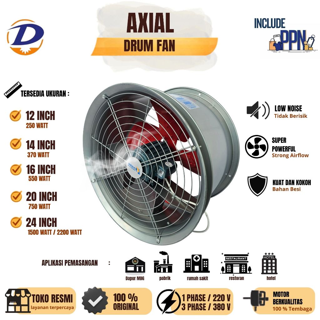 Axial Drum Fan / Exhaust Fan / Blower Industri POPULA Untuk MBG, Gudang, Dapur