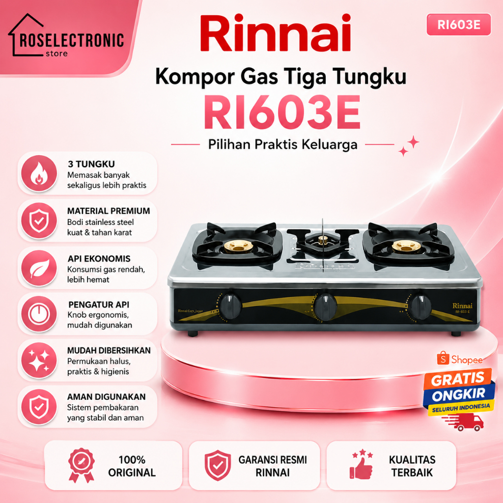 RINNAI KOMPOR GAS 3 TUNGKU RI 603 E/RI603E/RI 603 E/RI 603E/RI-603-E/RI-603E/KOMPOR GAS 3 TUNGKU