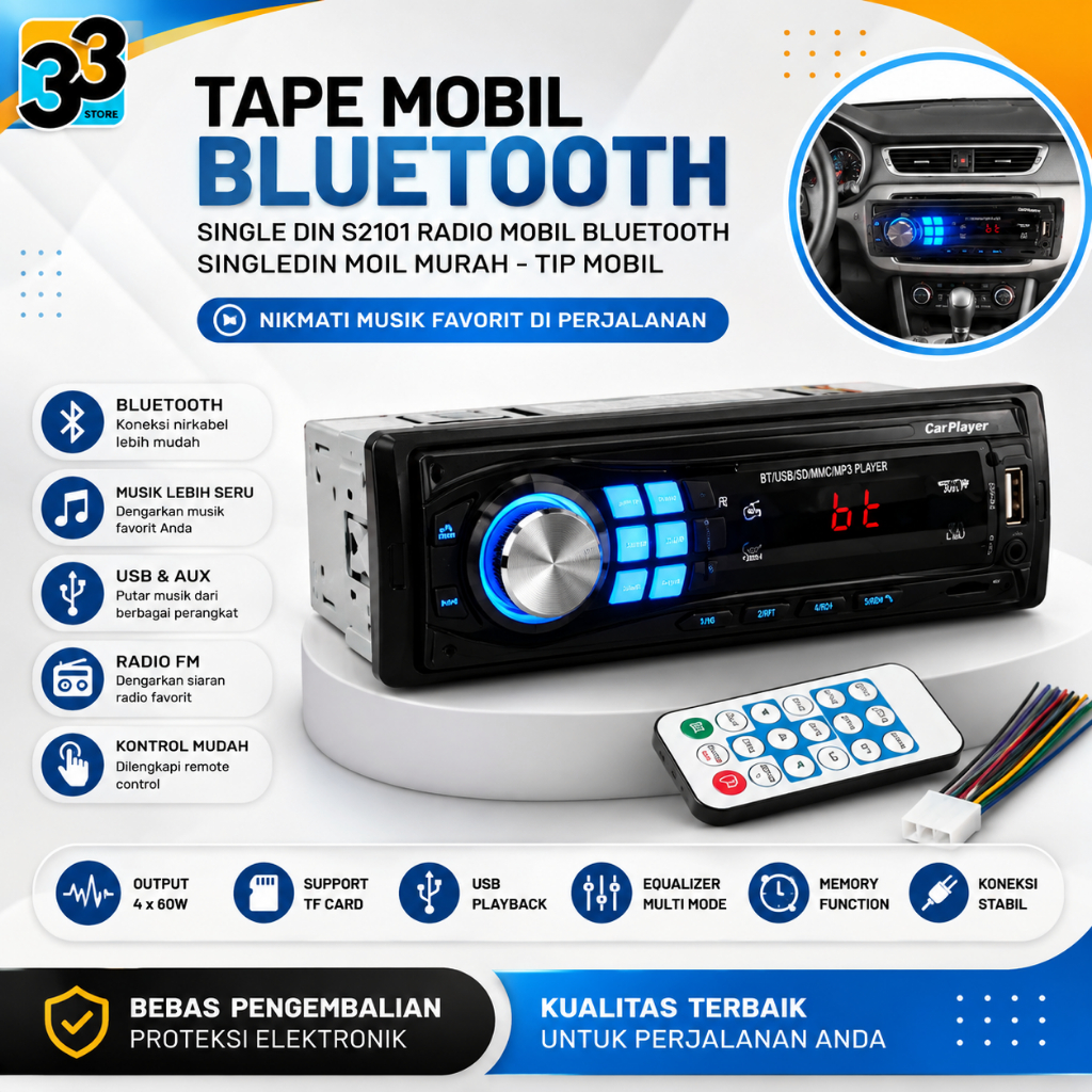 TAPE MOBIL BLUETOOTH - SINGLE DIN S2101 RADIO MOBIL BLUETOOTH - SINGLEDIN MOIL MURAH - TIP MOBIL
