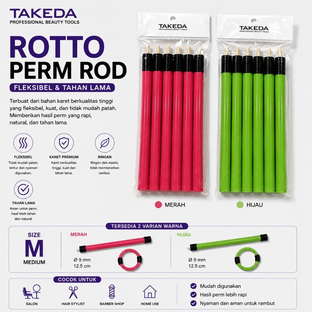 Rotto Perm Roll Takeda Professional Flexible Curling Rod Karet Roll Perm Rambut Salon Hair Stylist B