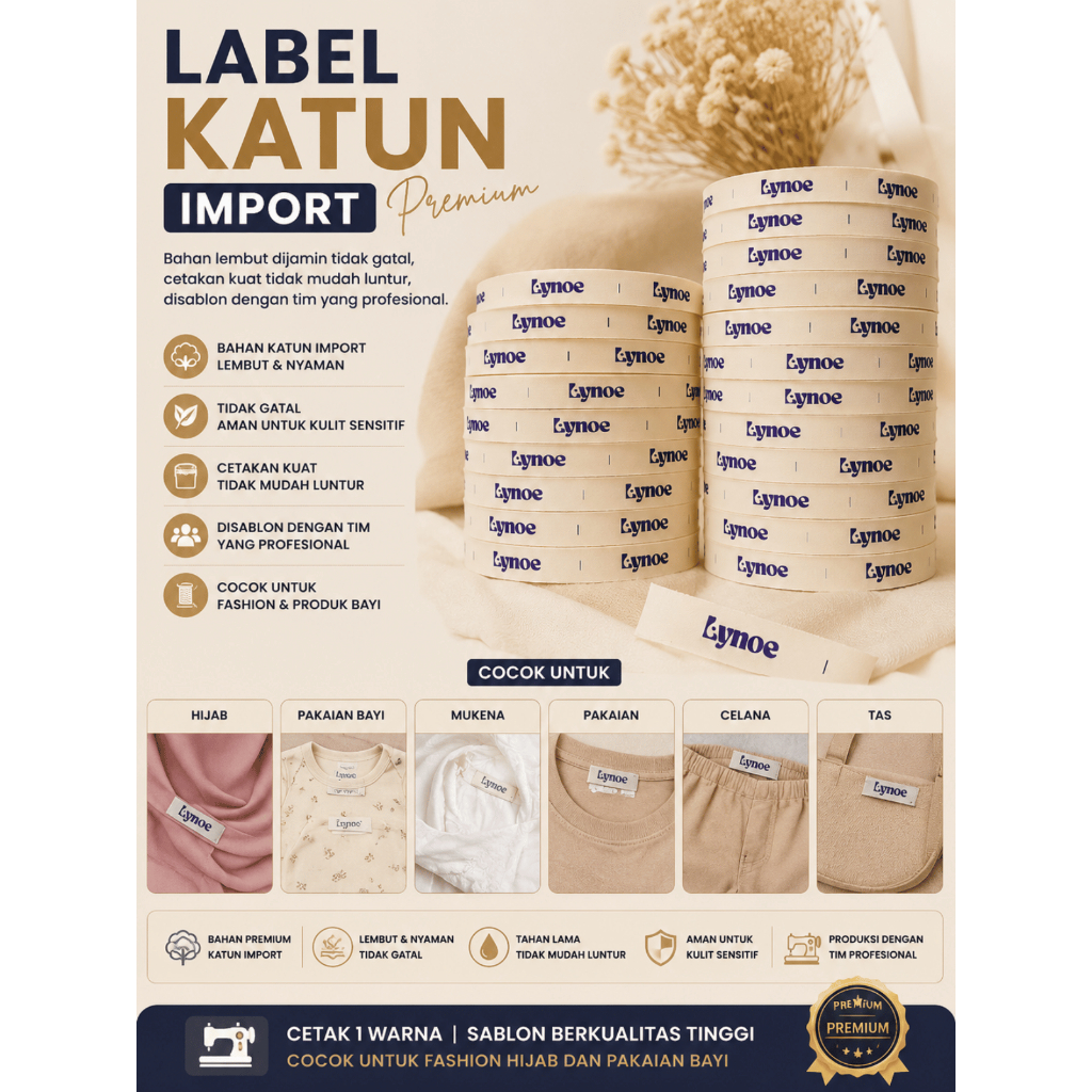 Cahaya Label -  Label Piterban Cream Halus / Proses Sablon / Katun Import