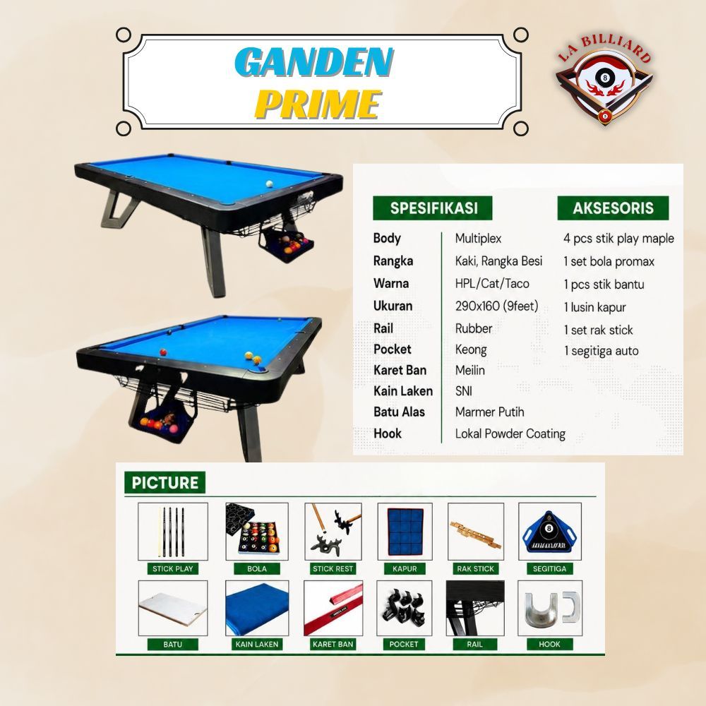 MEJA BILLIARD 9FT LOKAL RANGKA FULL BESI GANDEN PRIME