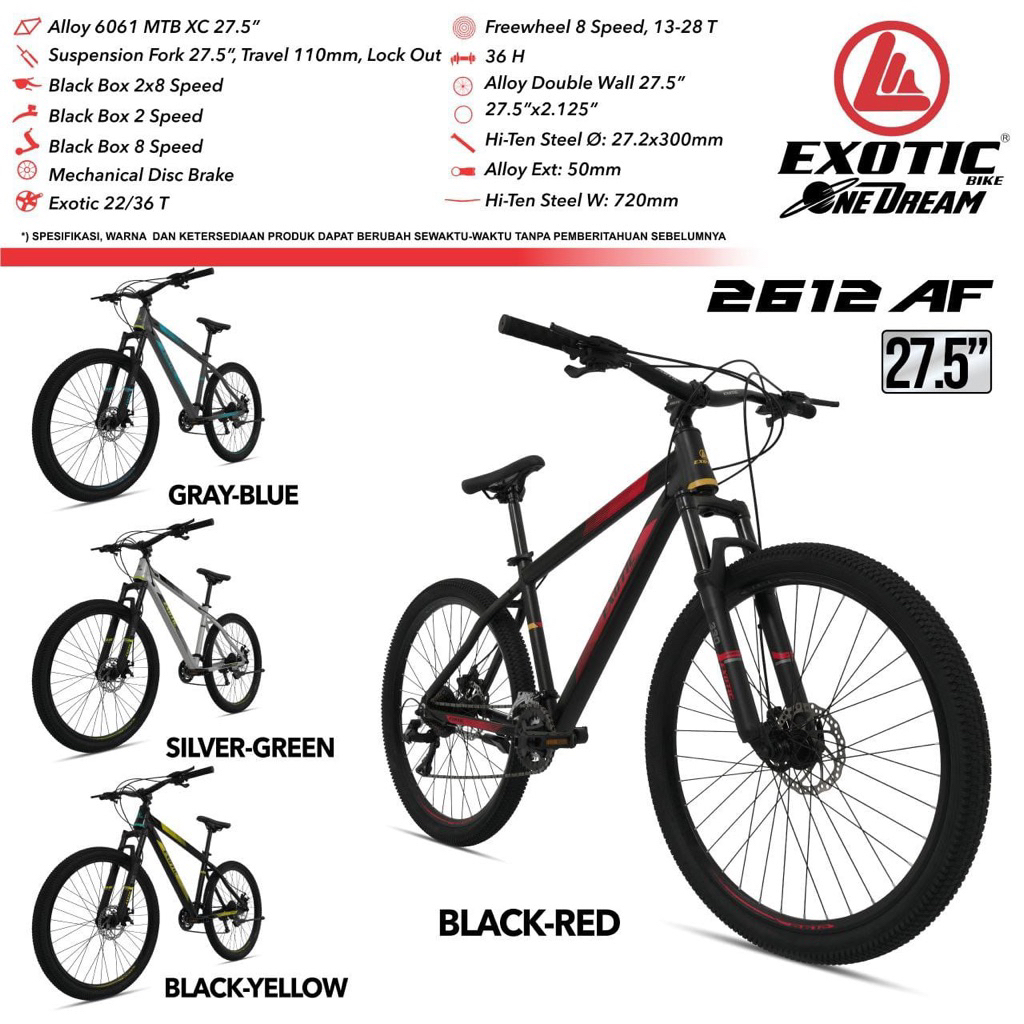 Sepeda gunung,  MTB exotic 2612 AF size 27,5, mtb exotic 2612 AH size 26