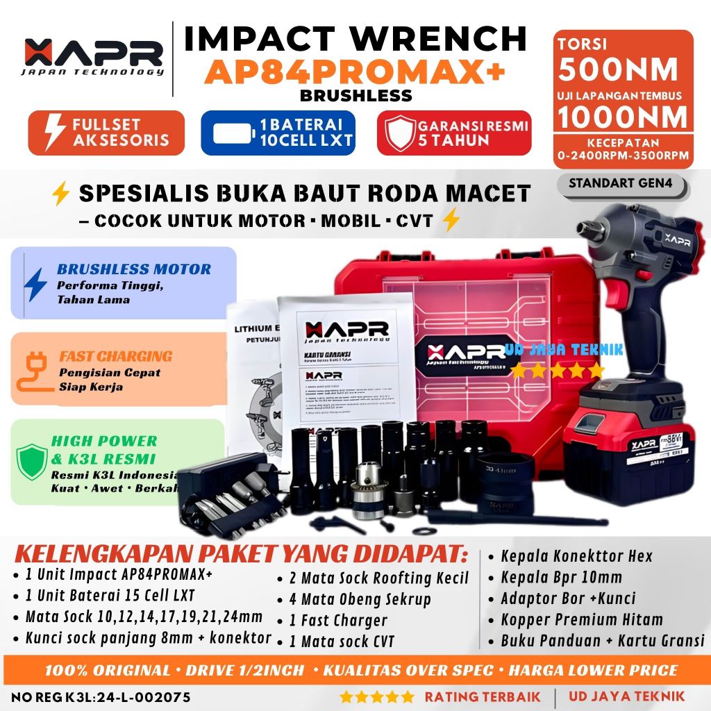 APR AP84 PROMAX+ CVT Impact Wrench 1/2 Inch 1000Nm Brushless Body Kecil Tenaga Jumbo Buka Baut Mobil