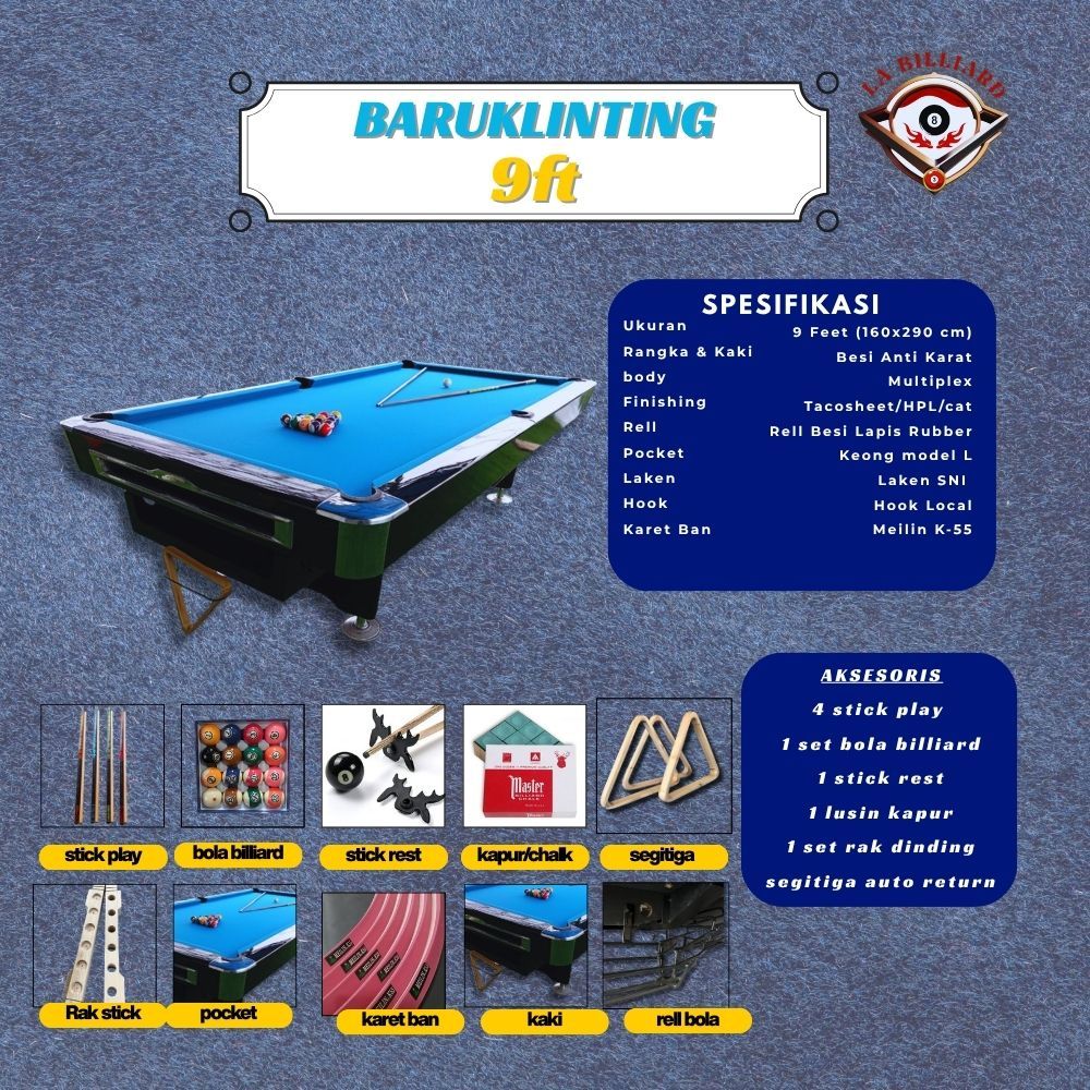 MEJA BILLIARD 9FT CUSTOM TIPE BARUKLINTING LOKAL RASA IMPORT