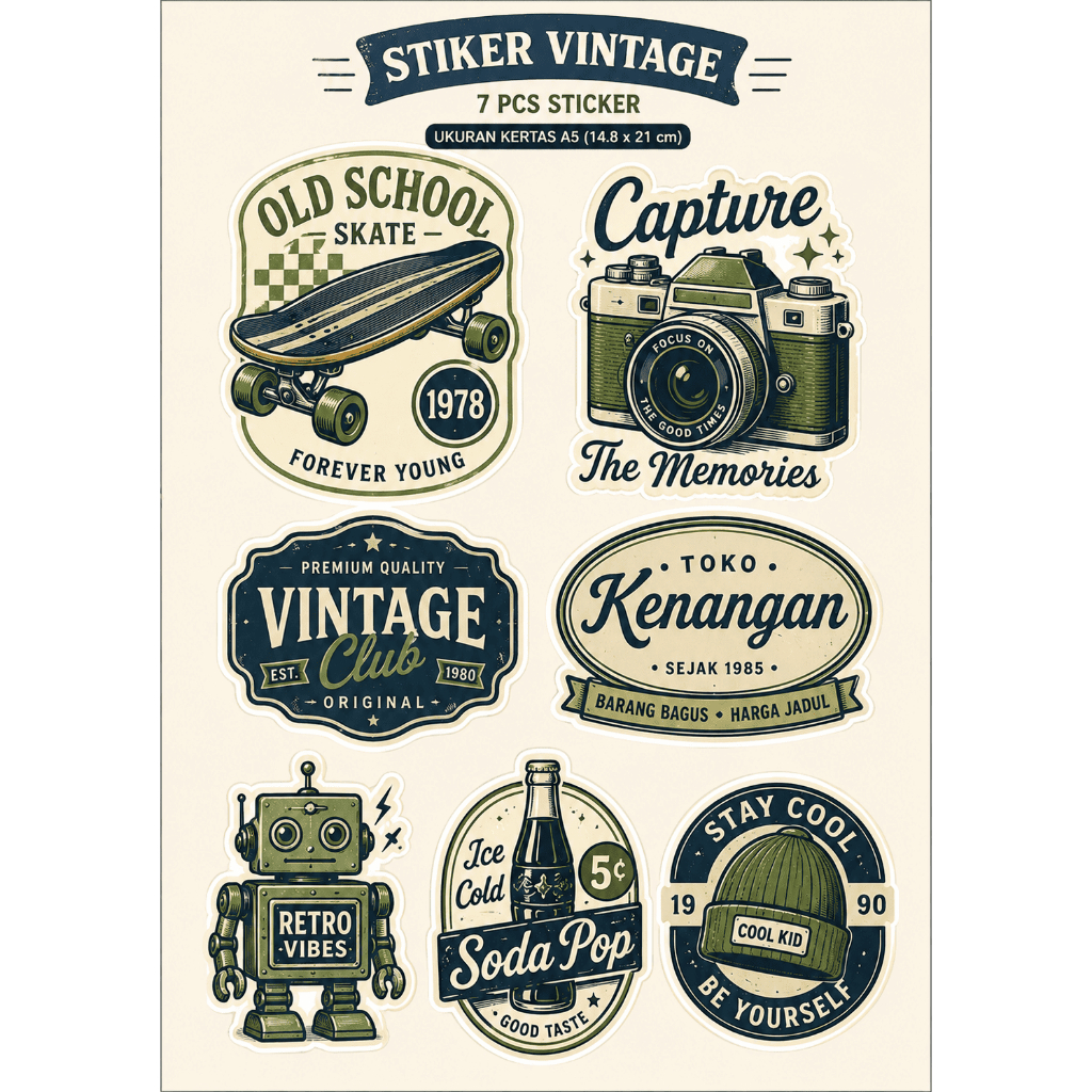 Kawaii VINTAGE ESTETIK// COZY  Sticker Pack A5 | Stiker Lucu untuk Scrapbook & Notebook I Sticker Di