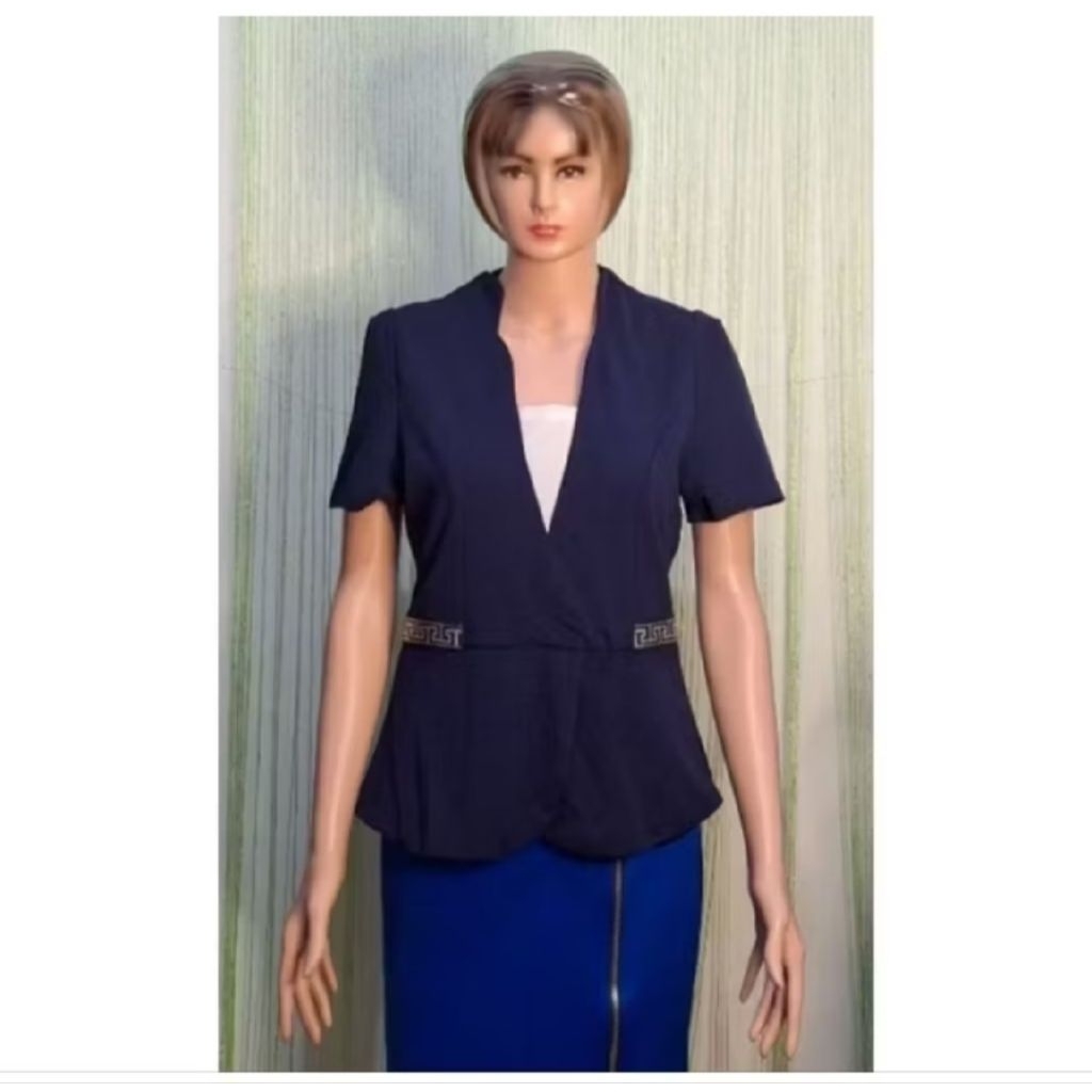 blouse blus atasan wanita biru navy putih formal lengan pendek