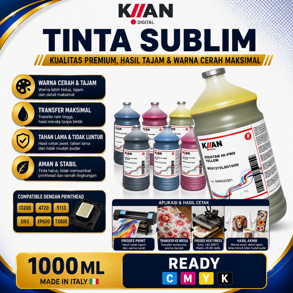 Kiian Tinta Sublim Hi Pro Literan 1000Ml | Sublimation Ink Cetak Jersey Mug Souvenir - Untuk Printer