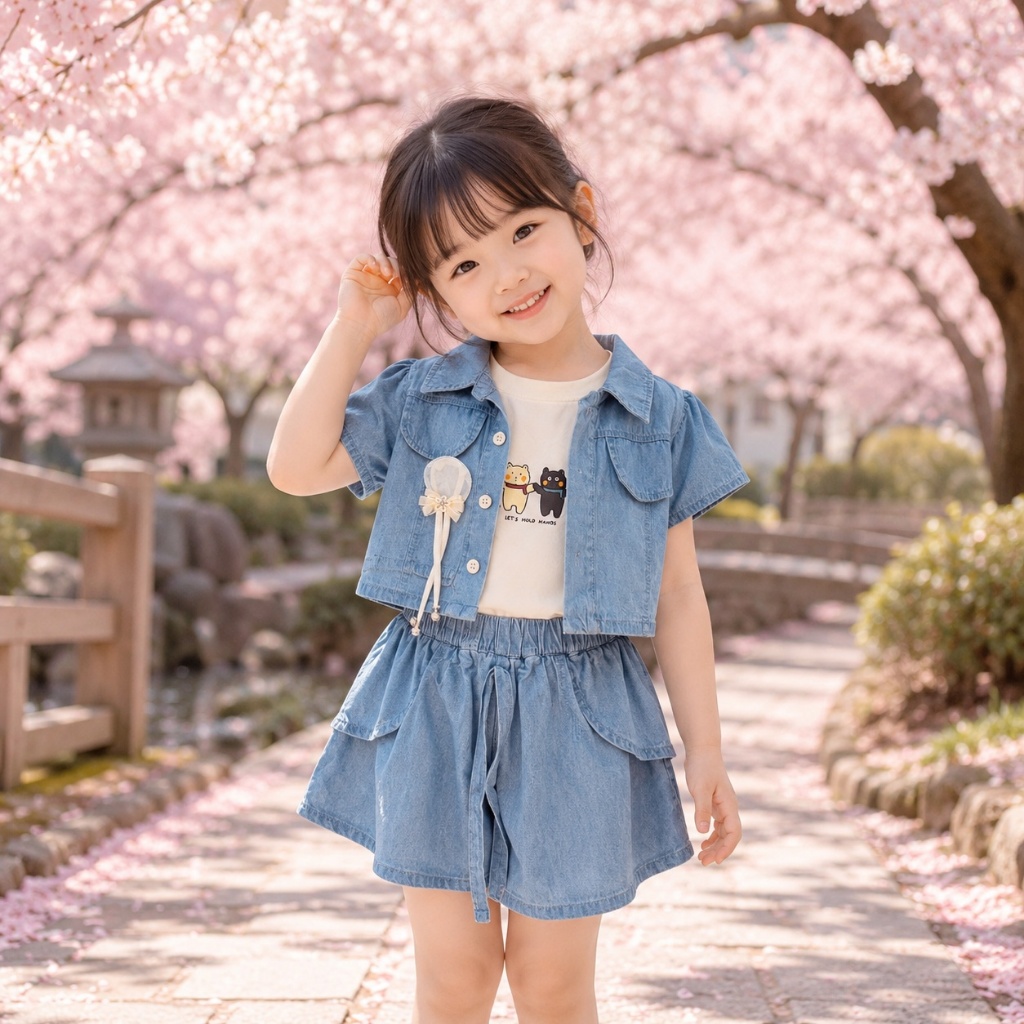 Setelan Anak Perempuan Denim Korean Style | Outer Denim + Kaos + Celana Rok | Putih & Cream