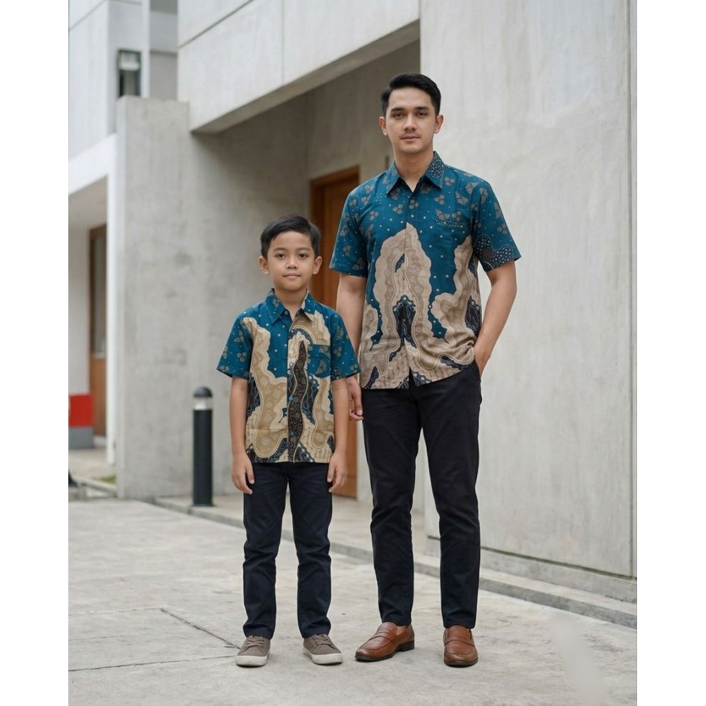 Batik Ayah Anak Laki Laki Hijau Emerald Untuk Usia 3-10 Tahun Bahan Katun - Fatih Batik Medan