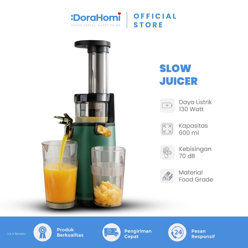 DORAHOMI Slow Juicer Cold Press Low Watt 130W Tanpa Ampas Desain Ramping Hemat Tempat Easy Clean
