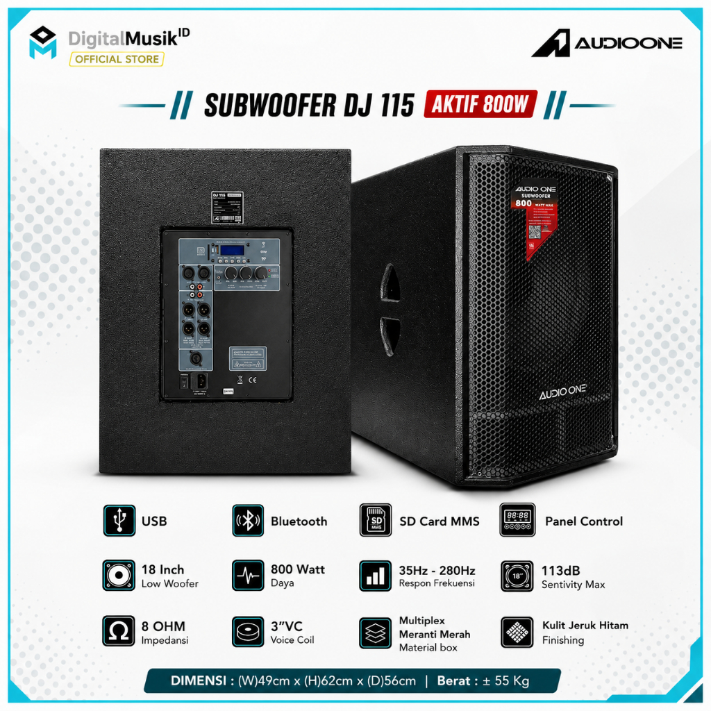 AUDIO ONE Subwoofer Aktif 15 inch  DJ115 Super Bass Power 800W Speaker Sound System rumahan I DM