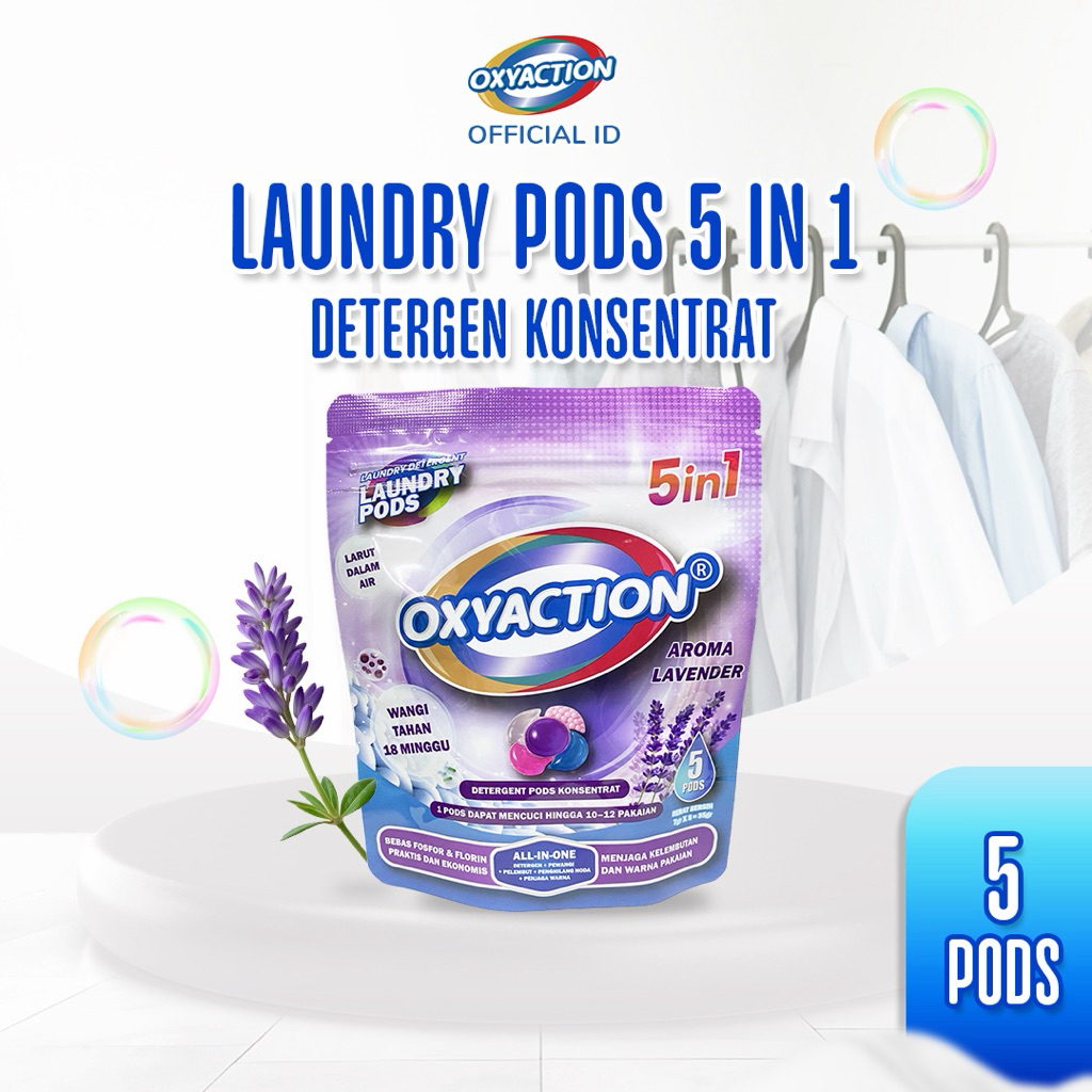 Baru OXYACTION Laundry Pods 5in1 Lavender Pouch 5pcs Deterjen Kapsul 10x Efektif & Hemat Air