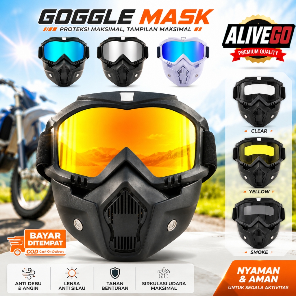 BOLLFO Goggles Kacamata + Masker Full Face Helem Goggle Mask Helm Gun Ski Motor Cross Topeng Kaca Ma