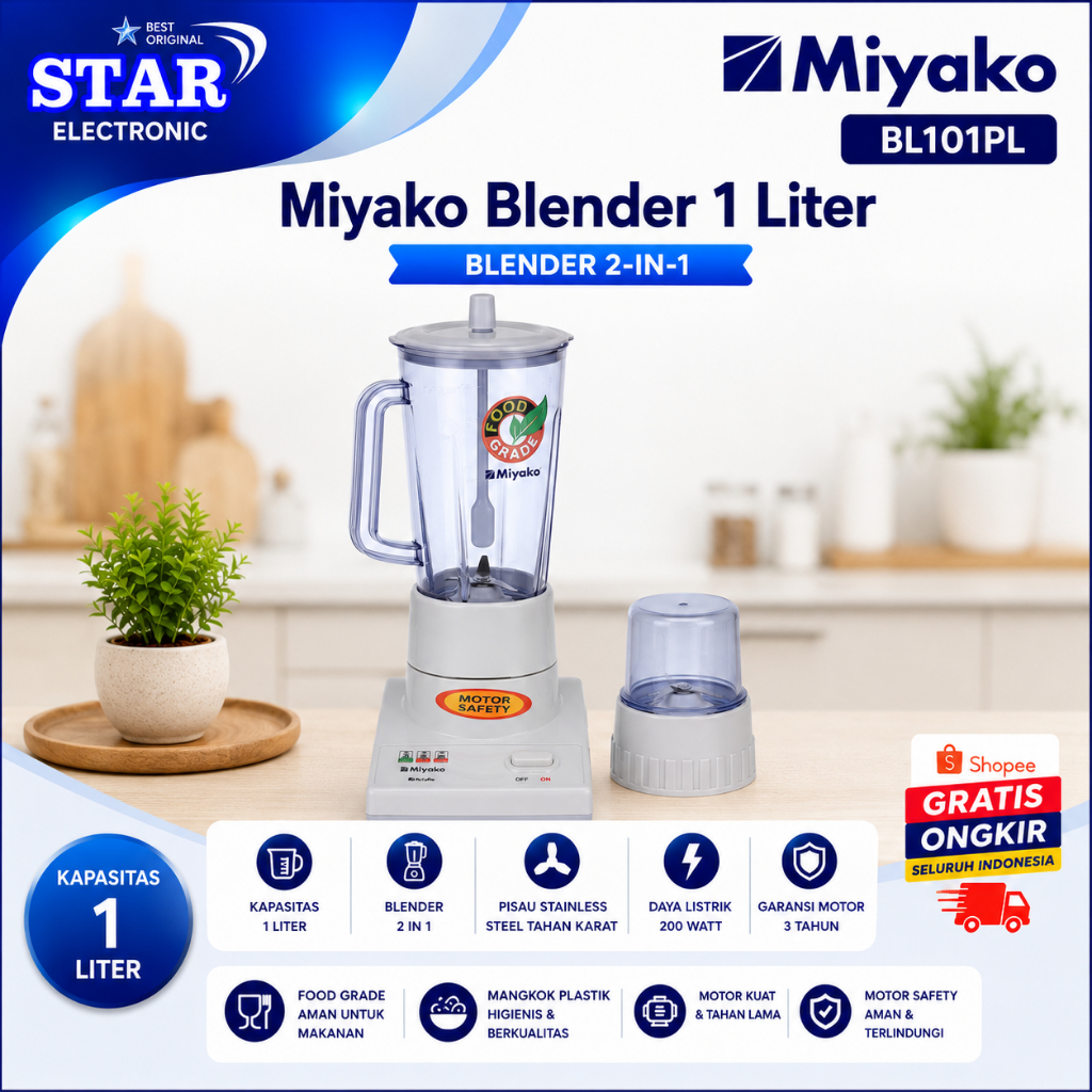 Miyako Blender 1 Liter BL 101PL Blender Plastik/BL101PL/BL101 PL/BL 101 PL/BL-101PL/ORIGINAL GARANSI