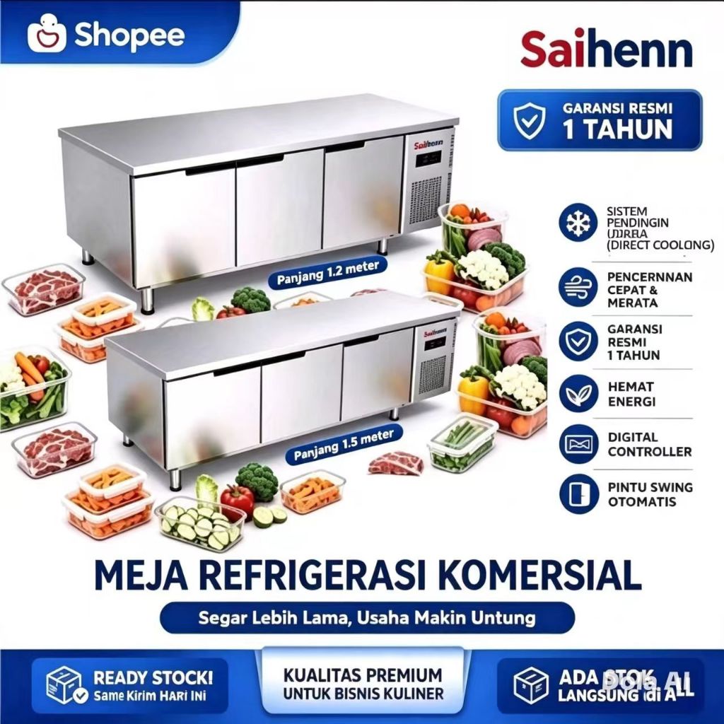 Lemari Pendingin Meja Kerja 1,8m Direct Cooling Chiller/Freezer -18–8°C