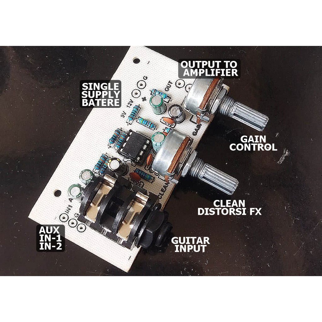 Modul Portable Pre Amp Gitar PCB Single Supply Dengan Gain Control, Efek Distorsi, Input Output, Aux