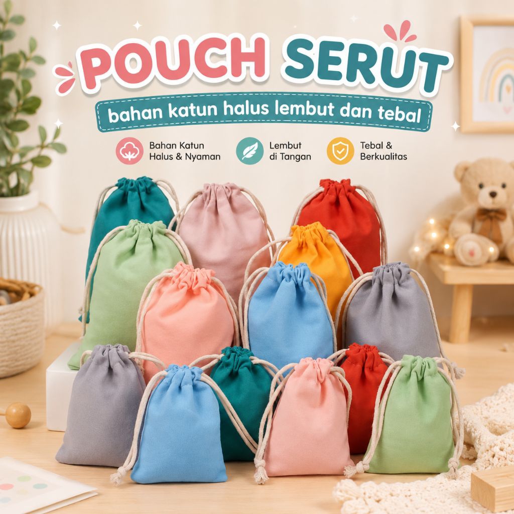 Pouch Serut Kain Katun / Tas Serut / Kantong Serut Tali Serbaguna
