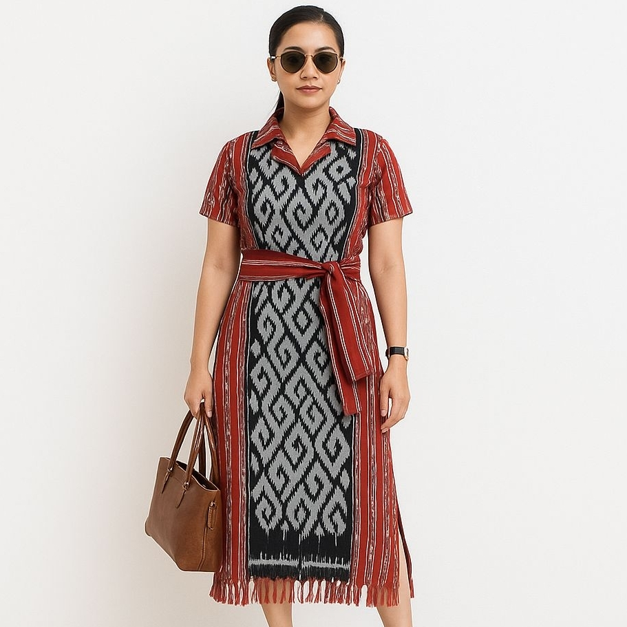 DRESS TENUN WANITA JEPARA MODERN – GAUN BATIK TENUN LENGAN PENDEK UNTUK KONDANGAN, GEREJA, LEBARAN –