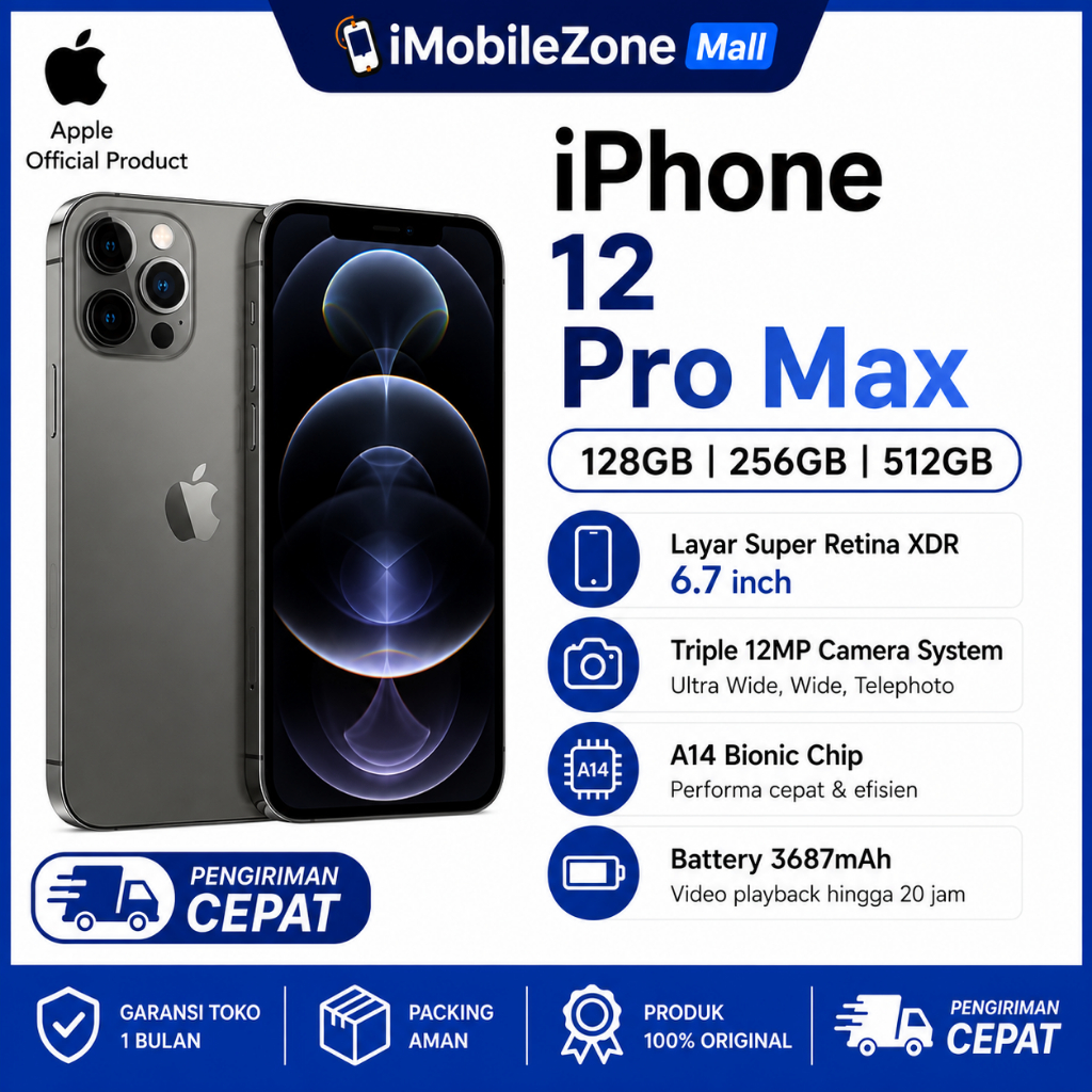 iPhone 12 Pro Max iBox Second Original | 128GB/256GB/512GB | A14 Bionic | Face ID | Triple 12MP Came