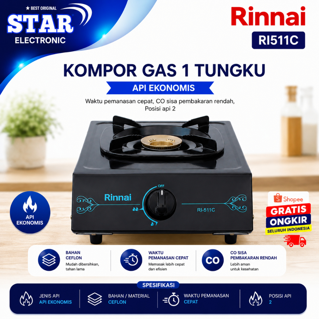 RINNAI KOMPOR GAS 1 TUNGKU RI 511 C Kompor Gas 511 c/RI511C/RI511 C/RI 511C/RI-511C/ORIGINAL GARANSI