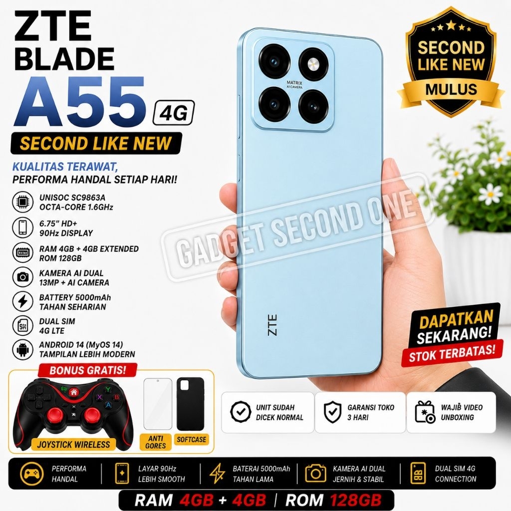 HP ZTE Blade A55 RAM 4/128GB Second Like New Android 14 Bonus Joystick + Softcase + Anti Gores
