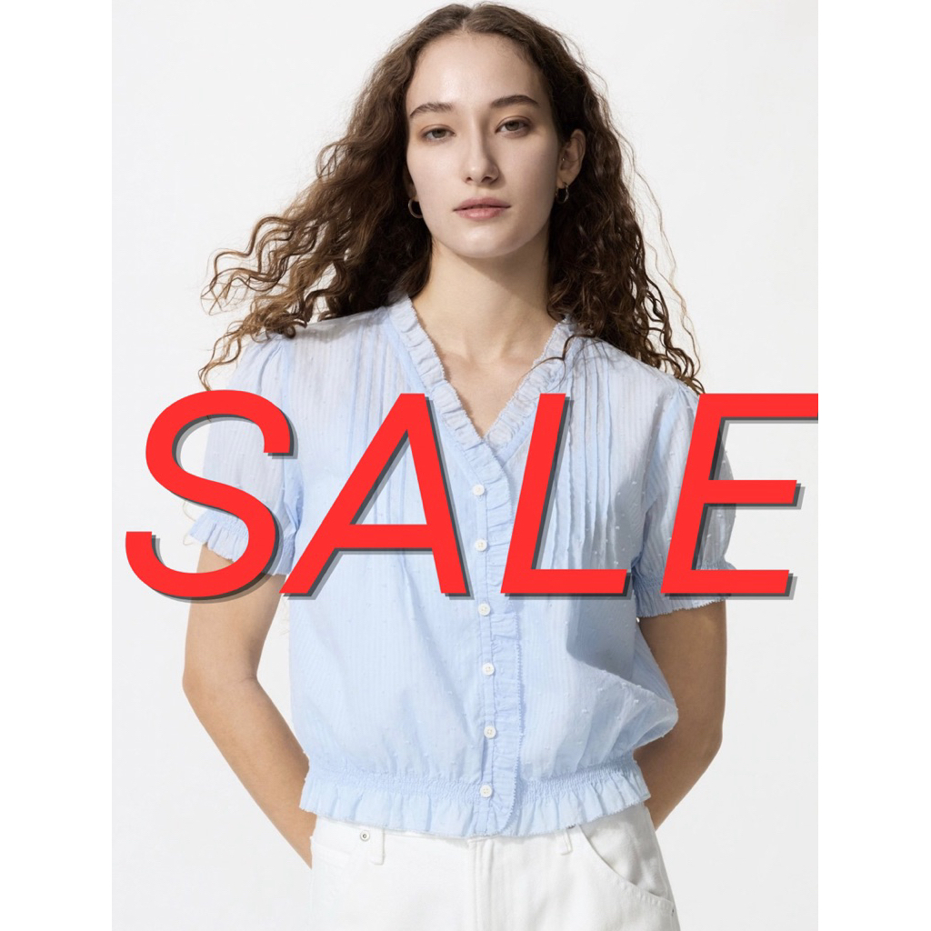 SALE Blus Katun Dobby Kerah V Lengan Pendek WOMEN UNIQLO