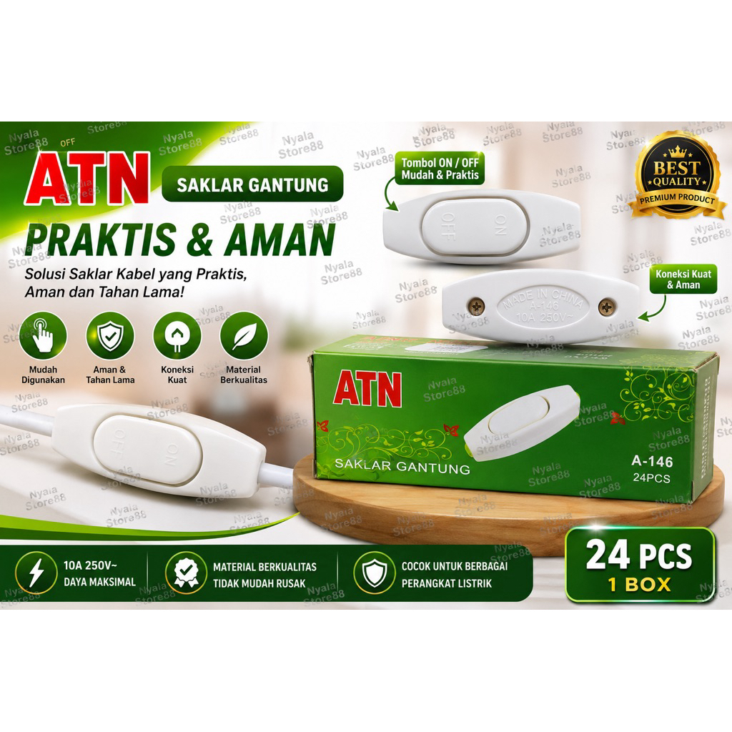 ATN Saklar Gantung Kabel A-146 10A 250V ON/OFF | Inline Switch Lampu Kabel Listrik | Saklar Kabel Pu