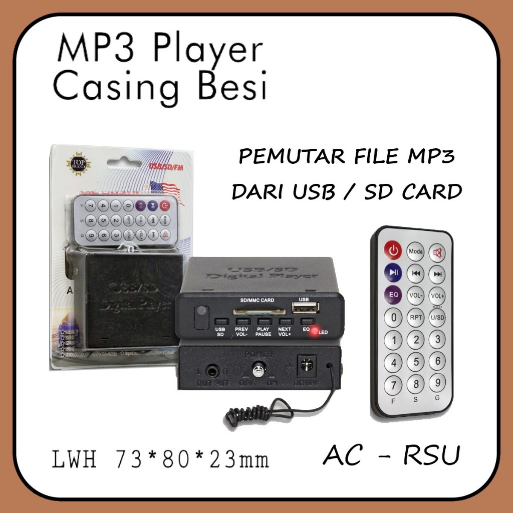 DIGITAL PLAYER MP3 REMOTE / USB / FM / SD CARD DC 12V - box mini kit MP3 player casing besi AC - RSU