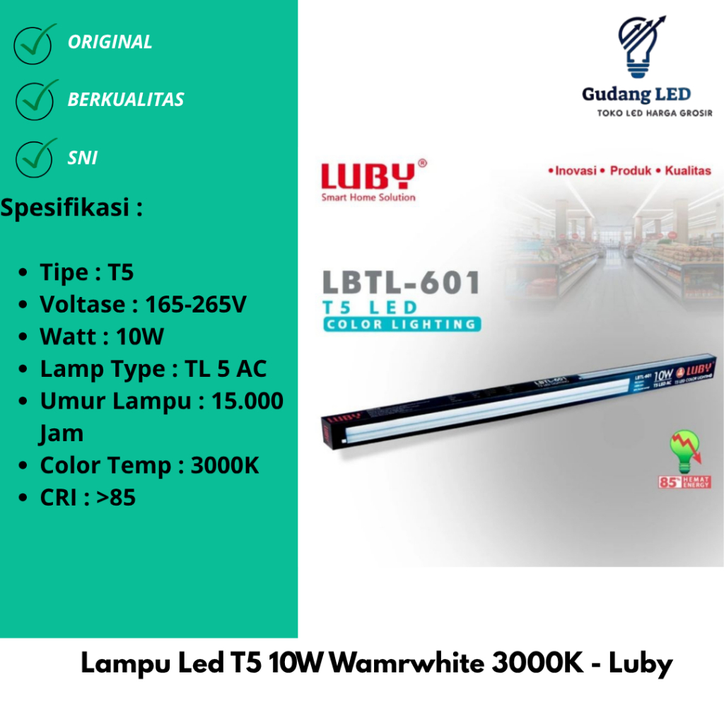 Lampu Led T5 10W Wamrwhite 3000K - Luby