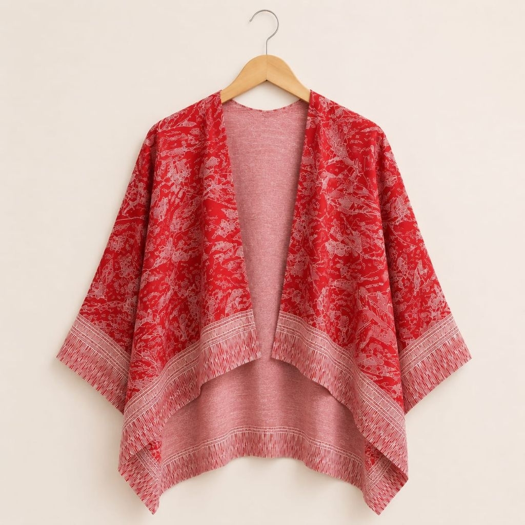 Outer Batwing Wanita Merah Putih Full Motif Voal Lengan kelalawar Outwear Cardigan