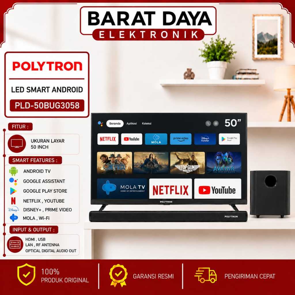 LED POLYTRON 50 Inch PLD 50BUG3058 Smart Android Cinemax Soundbar POLYTRON LED TV + SOUNDBAR
