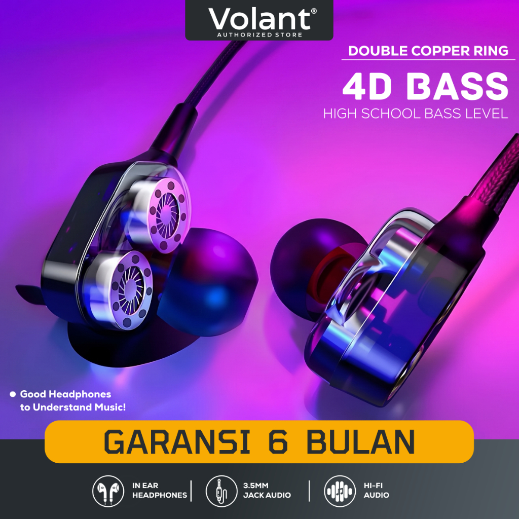 VOLANT Earphone Bass Double Copper Ring Drive In-Ear Headset Gaming Transparan Hifi Sound Sport Earb