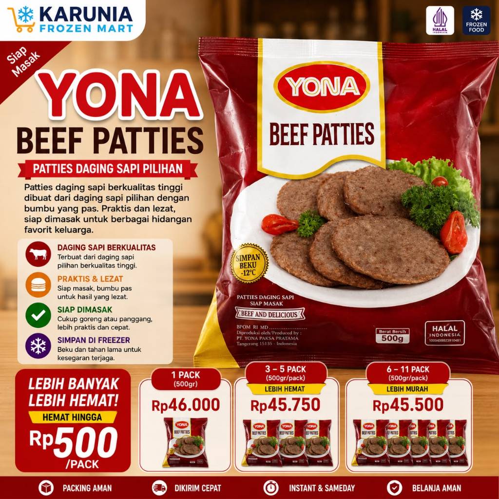 Yona Beef Patties 500g Beef Patty Burger Frozen Food | Ready Stock | Instan & Sameday | Karunia Froz