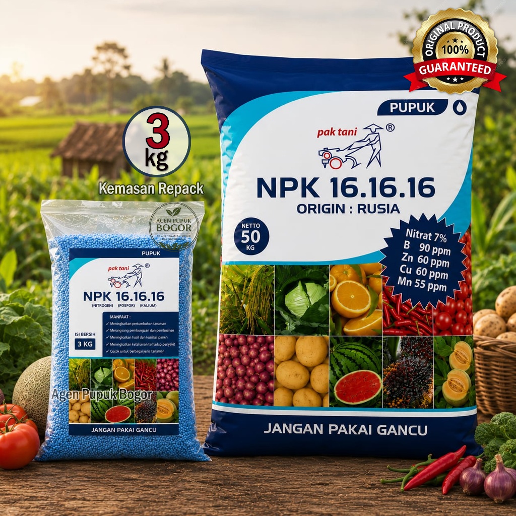 Pupuk NPK 161616 Pak Tani Mutiara Biru Origin Rusia Kemasan Repack 3 KG