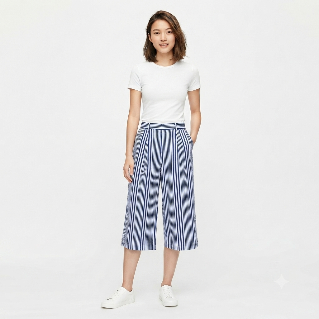 Celana Kain Wanita Cewek Model Kulot Salur Garis Biru Casual