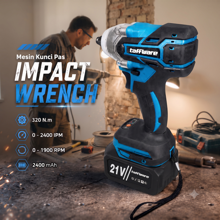 Taffware Impact Wrench Cordless Brushless 21V / Mesin Bor Impact Pembuka Baut Impek Cordless Bor Cas